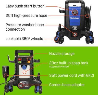 Westinghouse ePX3500 Electric Pressure Washer, 2500 Max PSI 1.76 Max GPM with Anti-Tipping Technology, Onboard Soap Tank, Pro-Style Steel Wand, 5-Nozzle Set, for Cars/Fences/Driveways/Home/Patios - Image 4