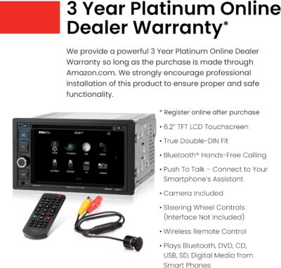 BOSS Audio Systems BVB9364RC Car Stereo - Double Din, 6.2 Inch Touchscreen, Bluetooth, CD DVD Player, AM/FM Radio Receiver, Backup Camera, USB, SD, Wireless Remote Control - Image 2