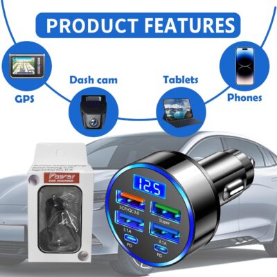 6 Port Fast USB Car Charger (PD+QC3.0),Cigarette Lighter USB Charger with LED Digital Display,Universal Car Charger Adapter Car Accessories Interior for Most 12V/24V Vehicles - Image 6