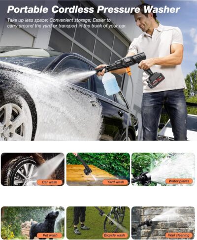 Cordless Pressure Washer, 1100PSI Portable Power Washer with 3.0Ah Battery, 1.8Max GPM Cordless Power Washer Battery Operated with 6-in-1 Nozzle, Foam Pot,17ft Hose, suit for Car/Floor/Garden - Image 3