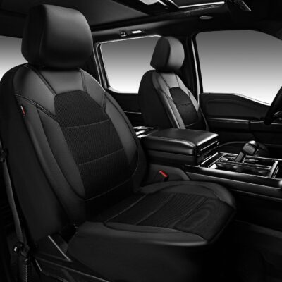 CAR PASS Leather and 3D Air Mesh Universal Fit Car Seat Covers, for Sedans,Trucks,Suvs,Airbag Compatible,Zipper Design and Reserved Opening Holes for Headrest(Full Set, Black and Black) - Image 3