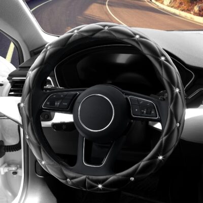 YOGURTCK Diamond Soft Leather Anti-Slip Steering Wheel Cover with Bling Bling Crystal Rhinestones, Universal 15 Inch for Women Girls, Fit Vehicles, Sedans, SUVs, Vans, Trucks - Black - Image 3