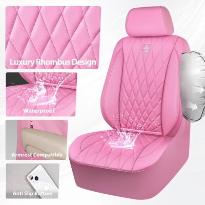 CAR PASS Piping Luxury Leather Two Front Car Seat Covers, Cute Girly Waterproof Anti Slip Seat Covers Compatible with Front Seat Armrests,Universal Fit for Suvs,Vans,Trucks,Airbag Compatible(All Pink) - Image 6