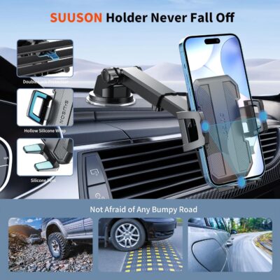 Upgraded 3-in-1 Car Phone Holder Mount [Powerful Suction] Phone Mount for Car Dashboard Air Vent Windshield,for All iPhone Android Phone (Black) - Image 6