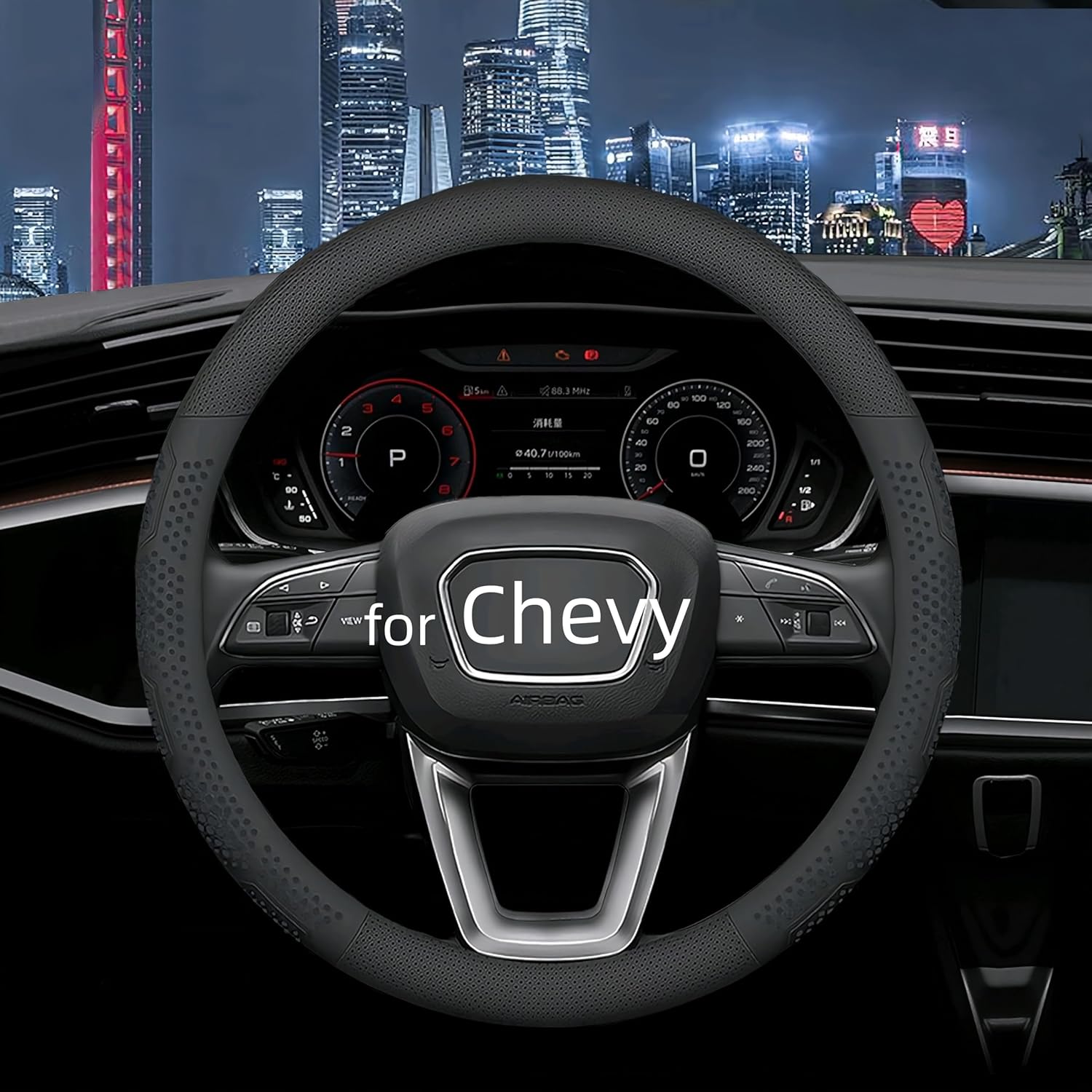 81aD6HJ-S2L._AC_SL1500_.jpg Leather Steering Wheel Cover for Chevy Silverado 1500 2500 3500, 14.5-15 inches Car Steering Wheel Cover with Non-Slip Breathable (Black) - Image 1