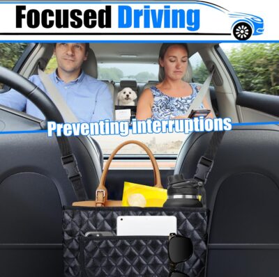 Car Purse Holder Between Seats, Leather Auto Front Seat Handbag Organizer Pocket, Large Capacity Car Net Pocket Handbag Holder, Backseat Barrier Storage Bag Fits for Car, Truck, SUV - Image 3