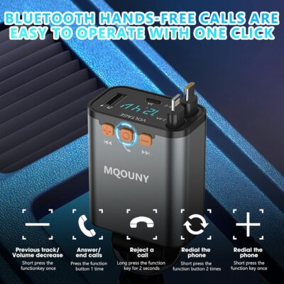 Retractable Car Charger,5 in 1 Fast Cars Phone Charger 60w,Bluetooth 5.3 FM Transmitter Adapter,Handsfree Call,MP3 Player,2 Retractable Cables and USB Chargers, for Phone,Galaxy,Pixel (Black) - Image 4