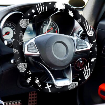 4 Pieces Black Moons White Stars Print Car Accessories Set Black Moons White Stars Steering Wheel Cover with 2 Pieces Car Cup Holder and Leather Keyring for Truck Suv(Horror Pattern) - Image 6