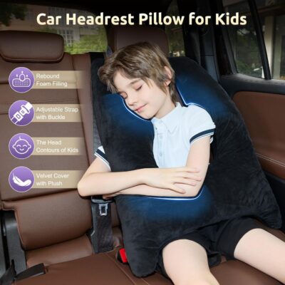 Car Pillow for Kids Travel Pillow with Adjustable Strap,Children Neck Pillow for Car Headrest to Support Head and Body Road Trip Essentials (Dark Black) - Image 4