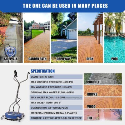 MEKOH Pressure Washer Surface Cleaner 20'', 4500PSI Power Washer Surface Cleaner Attachment with Wheels, Pressure Washer Accessory for Driveway Sidewalk Curb Deck Patio Cleaning, 3/8'' Quick-Connect - Image 8