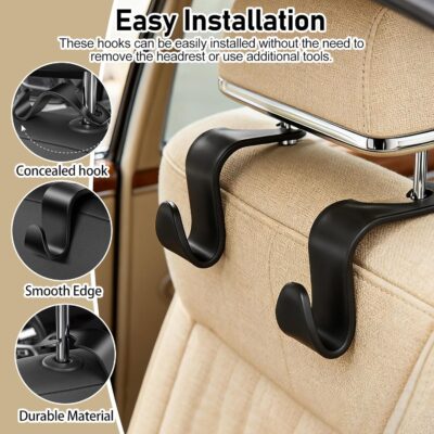 6Pack Car Seat Back Hooks Set Black Texture Multi Purpose Bag Holder Portable Storage Hooks for Travel Commute Shopping Office Use 4.3x2.8in(Black) - Image 4