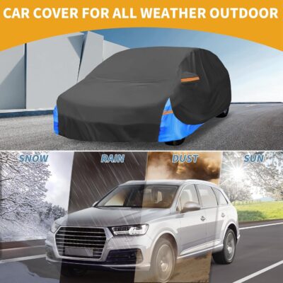All-Weather Waterproof Car Cover - UV-Resistant Outdoor Full Exterior Protection for Ford Fiesta Hatchback 210D-PU Black Blue with Right Side Zipper - Image 2