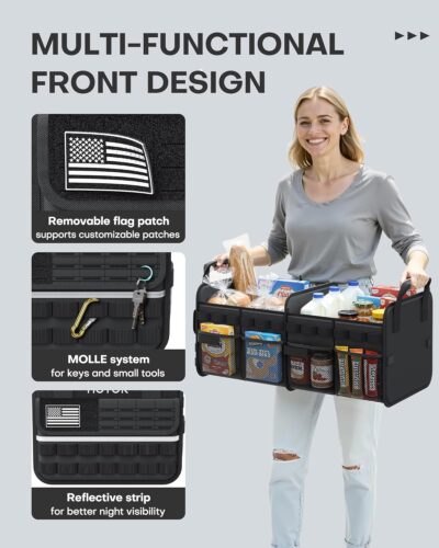 HOTOR Tactical Car Trunk Organizer - Foldable Trunk Organizer for SUV with Front MOLLE Pocket & Reflective Strips, Essential Car Accessories for Tools & Outdoor Storage, 12.8" x 21.7" x 11.0", Black - Image 5