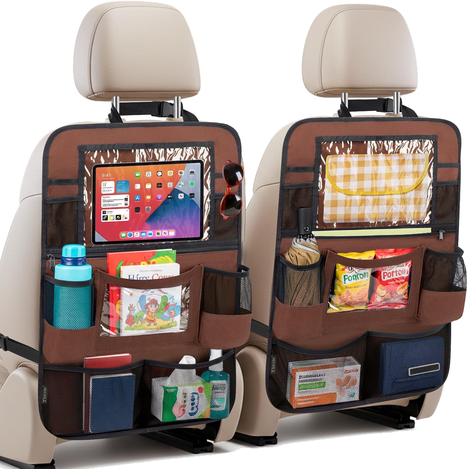 81b-OQjJL._AC_SL1500_.jpg BALEINE Backseat Car Organizer, Back Seat Car Organizers and Storage, Kick Mats Back Seat Protector, Travel Accessories for Most Automotive (2 Pack, Mocha) - Image 1