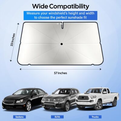 Econour Windshield Sun Shade Umbrella for Car | Medium Foldable Car Sunshade | UV & Heat Protection Front Window Sun Shield, Keeps Interior Cool, Fits Sedans SUVs & Trucks (57” x 33”) - Image 3