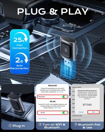 AuroraLink JC015 Wireless CarPlay & Android Auto Adapter - 2-in-1 Plug and Play Mini Dongle, Stable & No Delay Wireless USB Adapter for iPhone/Android Cars, with Dual-Band WiFi & Bluetooth 5.2 - Image 7
