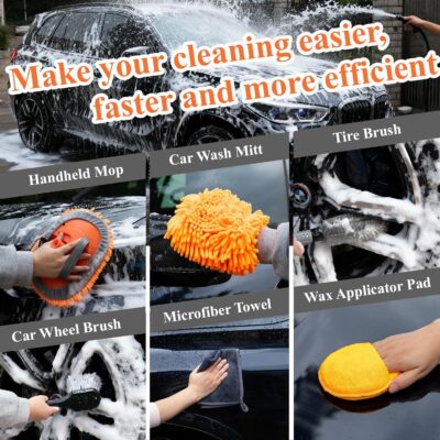 21Pcs Car Wash Kit with 60" Heavy-Duty Extension Pole, Soft Car Wash Brush, Wheel & Tire Brush, Scratch-Free Car Mop Mitt & Window Squeegee, Detailing Tool for Car Exterior & Interior Cleaning - Image 5