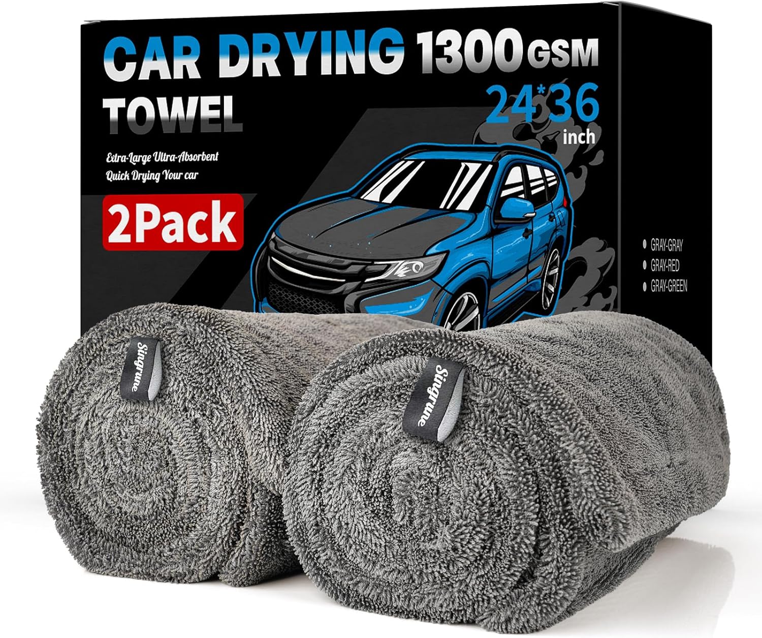 81bXiiIj89L._AC_SL1500_.jpg 2 Pack XL Car Drying Towel – 1300GSM Ultra Absorbent Microfiber, 24"x36" Large Size, Twisted Loop, Lint-Free & Streak-Free for Auto Detailing, Car, SUV, Truck (Gray-Gray) - Image 1