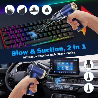 Handheld Car Vacuum Cleaner, 2-in-1 Portable Mini Car Vacuum Cleaner,16000Pa High Power & Air Duster, Handheld Vacuum Cordless with LED Light and Multi-Nozzles for Car,Home,Office,Pet(Blue) - Image 3