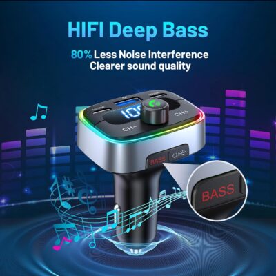 Bluetooth 5.4 Car Adapter 60W Charging USB Bluetooth Adapter for Car,Wireless Fm Transmitter Radio,Handsfree Calling and Audio Receiver,HiFi Music Player,7 Colors LED Backlit - Image 2