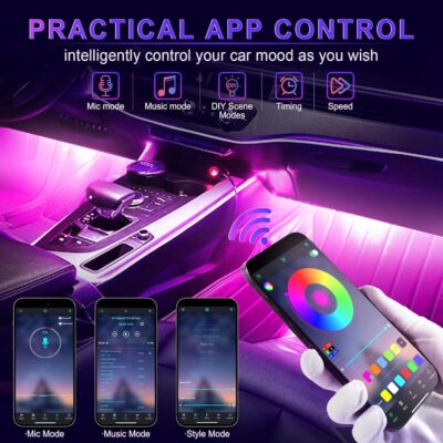 LivTee Accent Interior Car Lights, Smart Car Interior Lights with App Control, RGB LED Lights with Music Mode and DIY Mode, 2 Lines Design LED Lights for Cars with Charger, Car Accessories for Women - Image 4