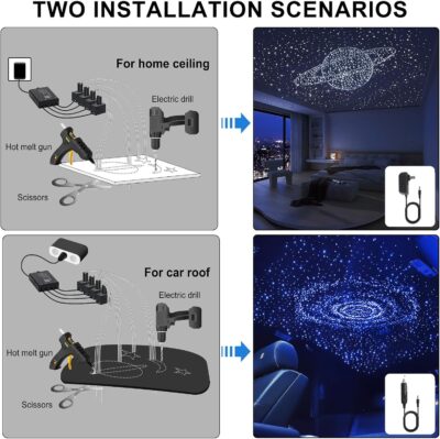 Split 4 Colors 12W Car Starlight Headliner Slim Kit 860pcs*0.02in*9.8ft with APP&RF Remote,RGBW Fiber Optic Starlight Kit,4 Port Engine Sound Activated Star Lights for Ceiling Car Roof/Home Decor - Image 6