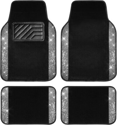 CAR PASS Bling Diamond Car Floor Mats, Shining Rhinestone Carpet Sparkly Glitter Crystal with Anti-Slip PVC Heel Pad Waterproof Universal Fit Automotive SUV,Sedan,Van,Cute Girl Women,4pcs Black Sliver - Image 8