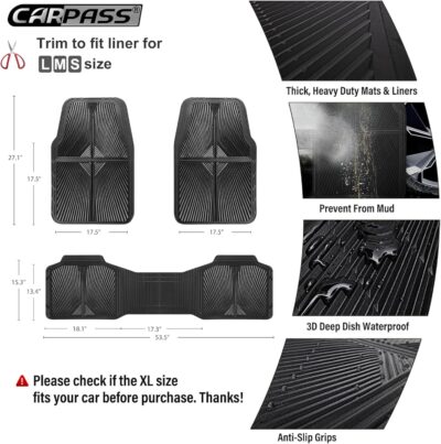 CAR PASS Rubber Floor Mats, All Weather Waterproof Trim-to-Fit Automotive Mats for Cars Trucks SUV, Anti-Slip Easy Clean, Heavy Duty Full Set 3-Piece, All Black - Image 3