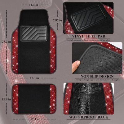 CAR PASS Bling Diamond Car Floor Mats, Shining Rhinestone Carpet Sparkly Glitter Crystal with Anti-Slip PVC Heel Pad Waterproof Universal Fit Automotive SUV,Sedan,Van,Cute Girl Women,4pcs Black Red - Image 5