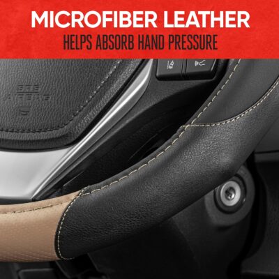 Motor Trend GripDrive Carbon Fiber Steering Wheel Cover, Non-Slip Sporty Racing Faux Leather Ergonomic Comfortable Handle, Steering Wheel Cover for Cars Trucks Vans SUV - Fits Standard 15 Inch - Beige - Image 4