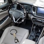 4 Pieces Black Moons White Stars Print Car Accessories Set Black Moons White Stars Steering Wheel Cover with 2 Pieces Car Cup Holder and Leather Keyring for Truck Suv(Horror Pattern) - Image 2