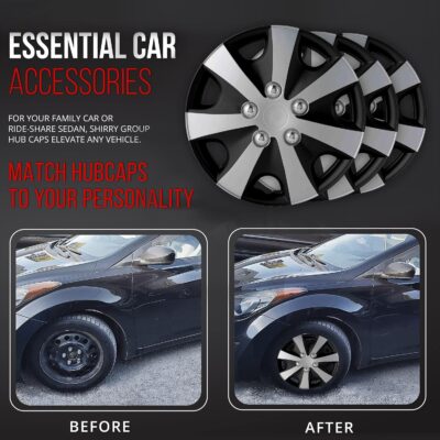 Hubcaps 4-Pack Kit, 14 inch Hub Caps Set of 4 Wheel Covers with Universal Snap-On Retention Rings, 2-Tone ABS Plastic Black and Silver Car Rims for All Models (SG-5051-DP-14) - Image 6