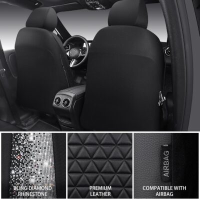 CAR PASS Bling Diamond Leather Car Seat Covers Full Seats Interior Sets, Waterproof Shining Glitter Sparkly Crystal Universal Armrest Fit Automotive Truck SUV Cute Women Girl, Black Silver Rhinestone - Image 4