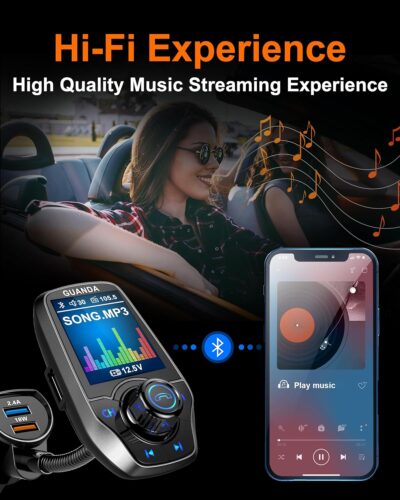 Upgraded Bluetooth 5.3 FM Transmitter for Car, Wireless Radio Adapter Kit W 1.8" Color Display Hands-Free Call AUX in/Out SD/TF Card USB Fast Charging 18W for All Smartphones Audio Players - Pewter - Image 2