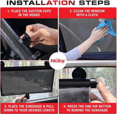 Nuby 14" Roller Vehicle Side Window Sun Protection Shade for Baby | 2 Pack | Pull Down with Suction Cups and Press Button Roll Up | Black - Image 2