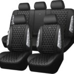 CAR PASS Bling Diamond Leather Car Seat Covers Full Seats Interior Sets, Waterproof Shining Glitter Sparkly Crystal Universal Armrest Fit Automotive Truck SUV Cute Women Girl, Black Silver Rhinestone