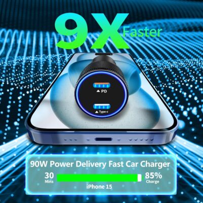 [Apple MFi Certified] iPhone 17 Car Charger, Linocell 90W USB C Car Charger Dual PD Power Cigarette Lighter Adapter with 2Pack Type C Braided Cable for iPhone 17/17 Pro Max/16/15/Galaxy S26/S25/Pixel - Image 3