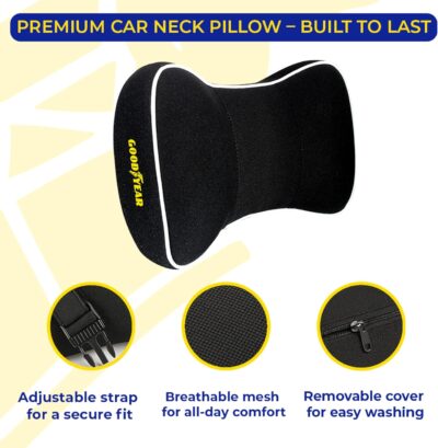 Goodyear Car Neck Pillow, Soft Memory Foam Headrest Pillow for Driving, Ergonomic Car Seat Headrest Cushion with Adjustable Strap, Breathable & Removable Cover, Neck Pain Relief, Black - Image 6