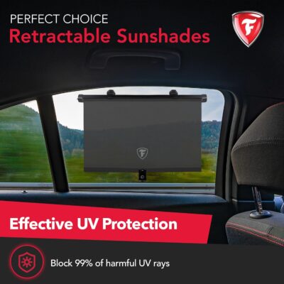 Firestone 2 Pack Retractable Automotive Sunshade Car Window Sunshades - Blocks 99% UV Rays, Lightweight & Compact Car Side Window Shade with Automatic Retract Button, Blocks Glare & Heat, Black - Image 2
