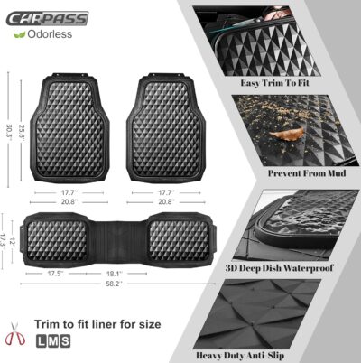 CAR PASS Heavy Duty Rubber Car Mats, Deep Dish All-Weather Floor Mat for Car Full Set Durable Anti-Slip 3D Rhombus Waterproof Trim to Fit Liner Universal Fit Automotive,Sedan,SUV,Truck, 3 Piece Black - Image 4