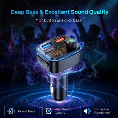 Bluetooth 5.4 Car Adapter, Wireless FM Transmitter with Deep Bass Player, 48W Fast Charging Bluetooth Adapter for Car, Hands-Free Calling & Audio Receiver, MP3 Music Player, Support USB Drive - Image 6