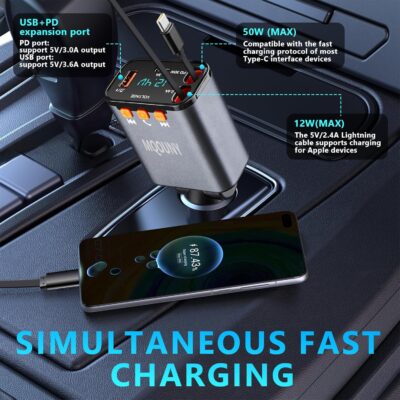 Retractable Car Charger,5 in 1 Fast Cars Phone Charger 60w,Bluetooth 5.3 FM Transmitter Adapter,Handsfree Call,MP3 Player,2 Retractable Cables and USB Chargers, for Phone,Galaxy,Pixel (Black) - Image 3