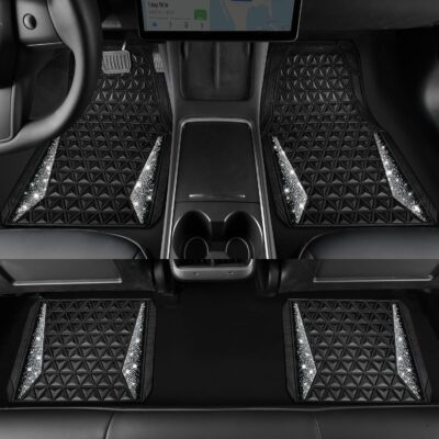 CAR PASS Bling Diamond Car Mats Rubber Floor Mats Full Set Anti-Slip 3D Rhombus Waterproof Trim to Fit Liner Universal Glitter Crystal Sparkly Shining Rhinestone Girl Women SUV Sedan Van, Black Silver - Image 5