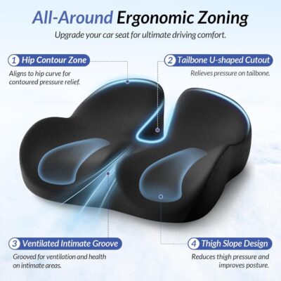 ZIKEE Car Seat Cushion for Driving with Cooling Gel, Ergonomic Memory Foam Seat Cushion for Car Provides Sciatica, Back, Tailbone Pain Relief and Intimate Ventilation, Anti-Slip & Breathable Cover - Image 3