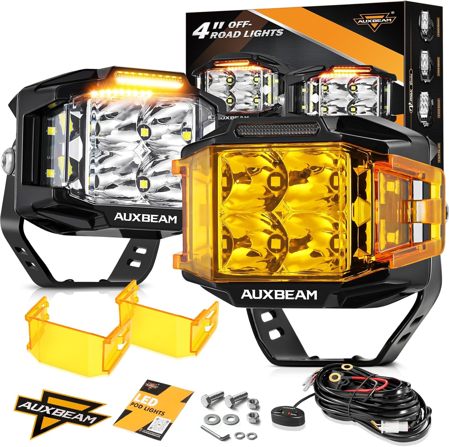 81fRoIyQg2L._AC_SL1500_.jpg Auxbeam 4 Inch LED Pod Light, 92W V-MAX Series Square Offroad Driving with Amber DRL, 270° Spot Flood Combo Beam Side Shooter Cube Work Auxiliary Lights with Yellow Cover for Truck SUV ATV UTV - Image 1