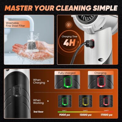 Saker Portable Handheld Vacuum Cordless Portable 17000PA Foldable Car Vacuum Cleaner Mini Dust Blower with Brushless Motor for Office Pet and Home Cleaning HL133 - Image 7