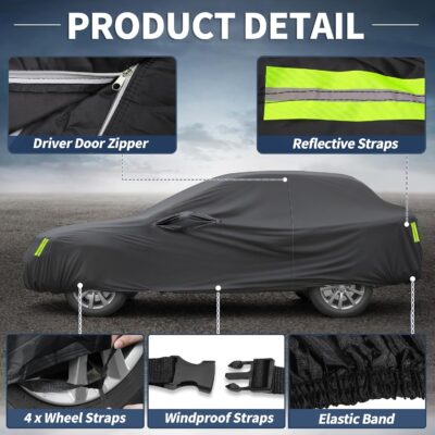 X AUTOHAUX Waterproof Sedan Car Cover for Sedan Length Up to 177 Inch Sedan All Weather Protection Anti-UV Windproof with Left Side Zipper and Mirror Pockets - Image 6
