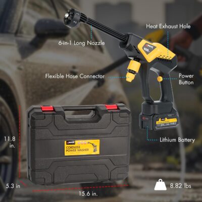 Wagan EL6312 Cordless Power Pressure Washer with 6-in-1 Long Nozzle 970PSI Portable Power Washer with 2 Rechargeable 3.0Ah Batteries Using for Car, Garden, Floor Cleaning - Image 3