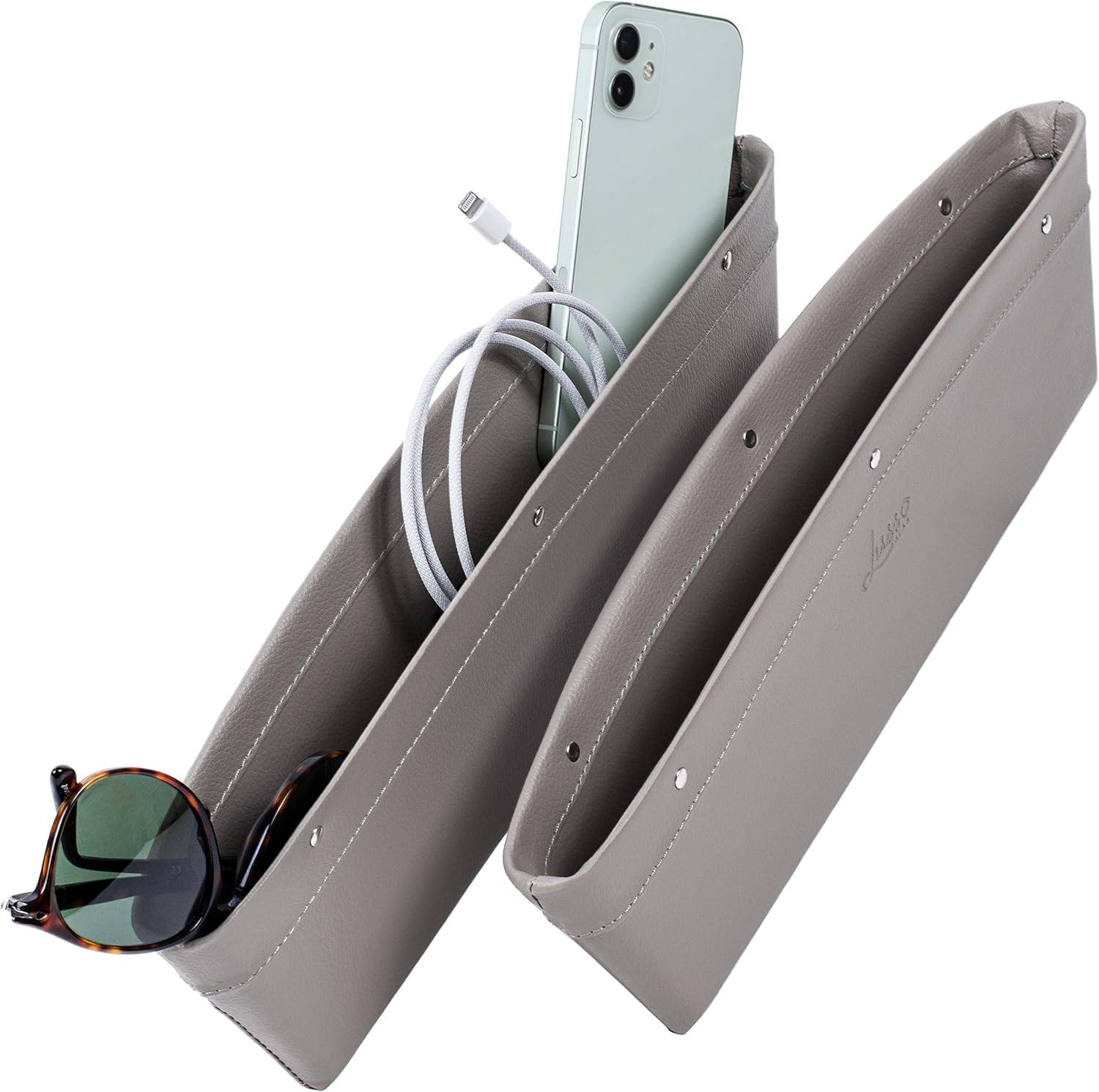 81fcd31gbHL._AC_SL1500_.jpg Lusso Gear Car Seat Gap Organizer - Pack of 2 - Prevents Items Falling & Seat Gap Filler - Universal Fit 0.5"-2" Slots & Automotive Use - Easy Clean Design for Auto Accessories - Gray Faux Leather - Image 1