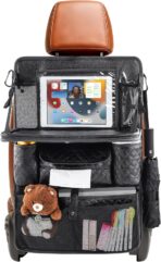Car Seat Organizer with Foldable Table Tray - 11 Storage Pockets PU Leather Backseat Organizer with Tablet Holder, Seat Back Protector Kick Mat for Kids Family Road Trip Accessories (Black) - Image 7